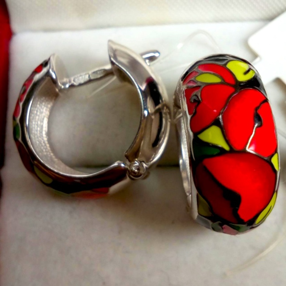 Multicolored Enamel Hoop Earrings 925 Sterling Silver Poppy Flowers Van Gogh